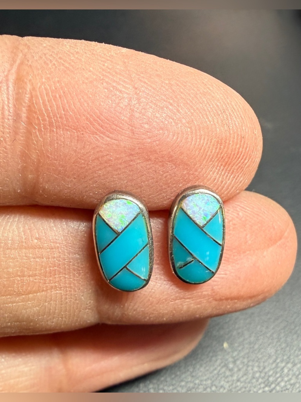 Zuni Native American Turquoise Inlay Oval Opal Turquoise Stud Earrings Signed OR - Picture 3 of 10